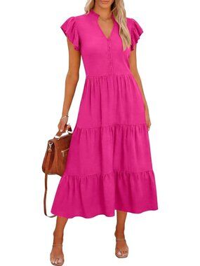 Caracilia Women's Pink Neck Flowy Stylish Button Ruffle Sleeve Beach Midi Dress
